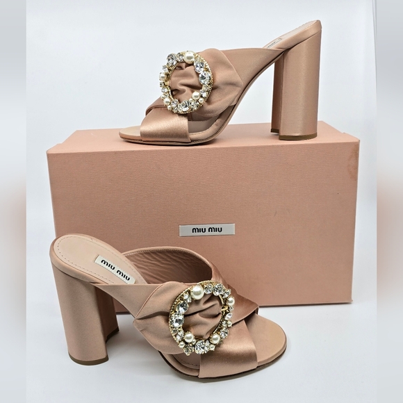 Miu Miu Shoes - Miu Miu Satin Crystal Rose Mules